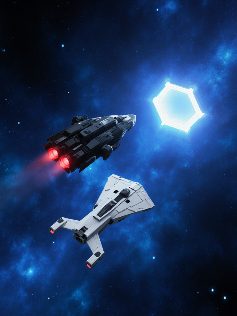 Generated artwork of a courier spacecraft above an orbital station