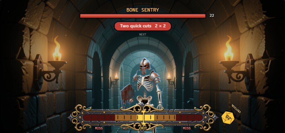 The 2D crawler in a fight: a Bone Sentry in a torch-lit corridor, and a critical strike on the timing meter