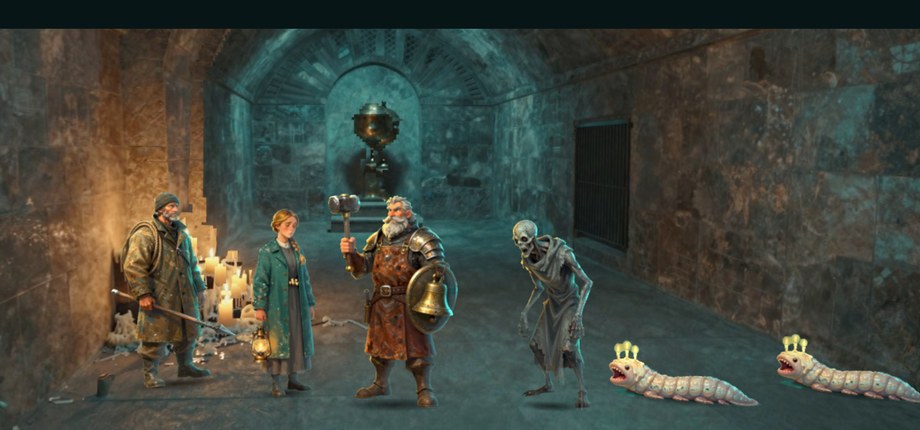 Three heroes hold a line against a Rattle Sentry and two Wick Worms in a candle-lit crypt