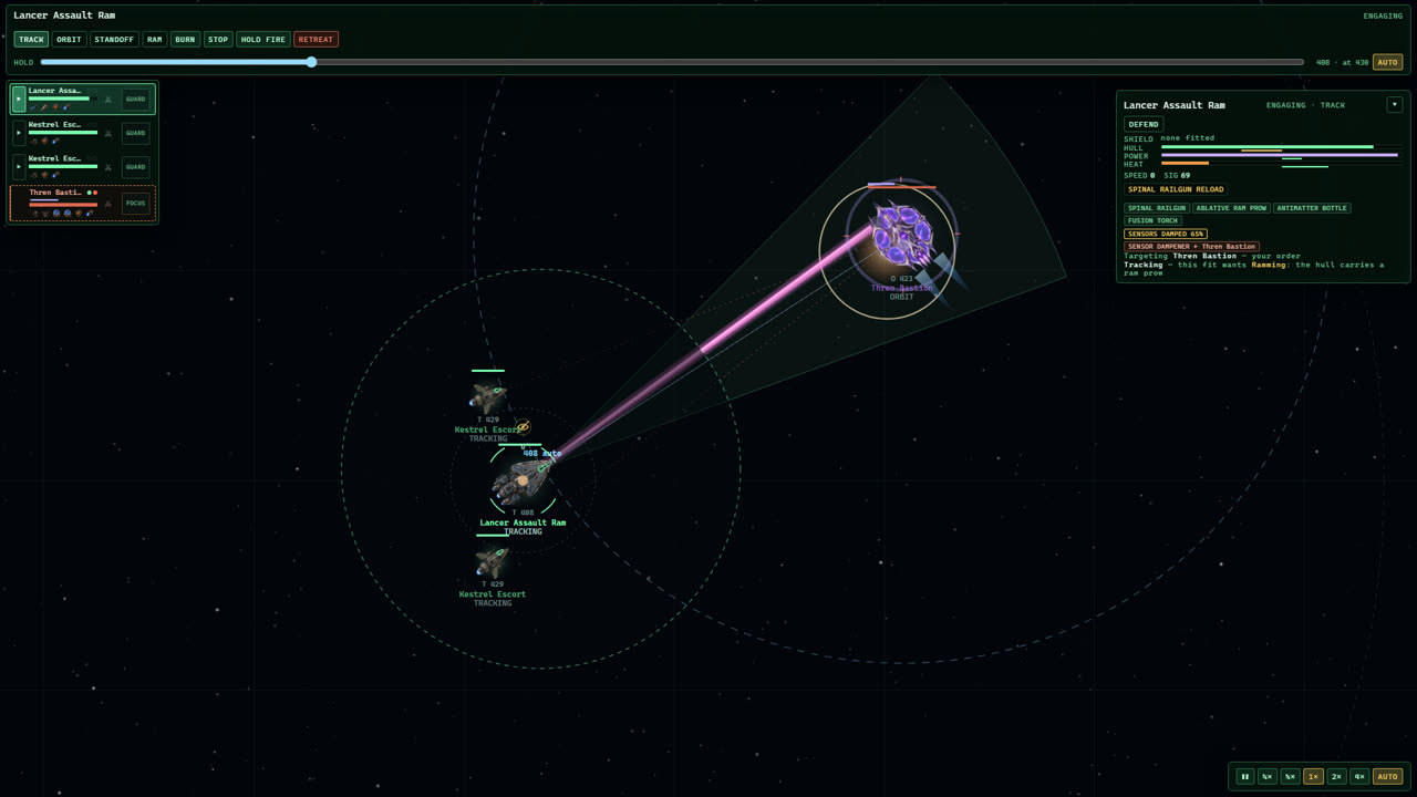 Screenshot of a space battle: a human ram ship and two escorts fire at an alien station