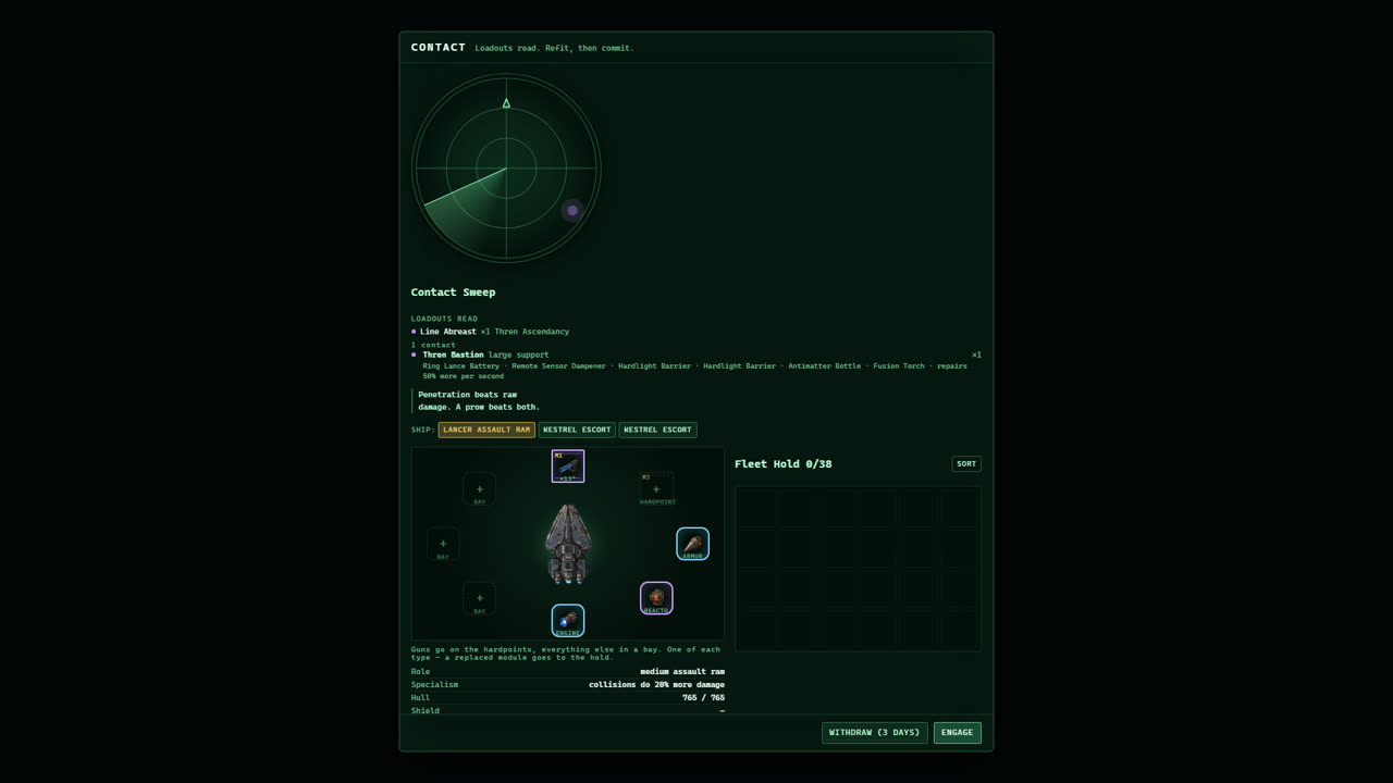 Screenshot of the contact screen, where the player fits modules to a ship before a battle