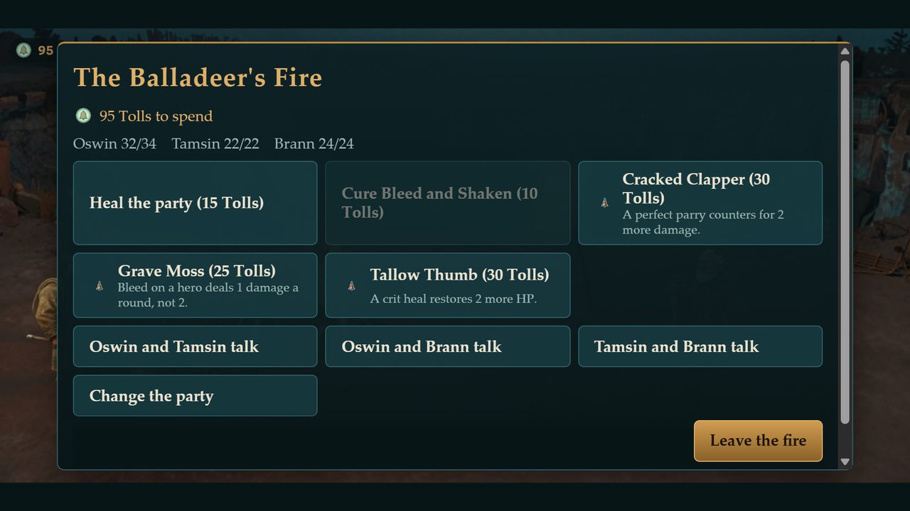 The camp menu, titled The Balladeer's Fire, with 95 Tolls to spend and cards for healing, Charms and hero conversations.