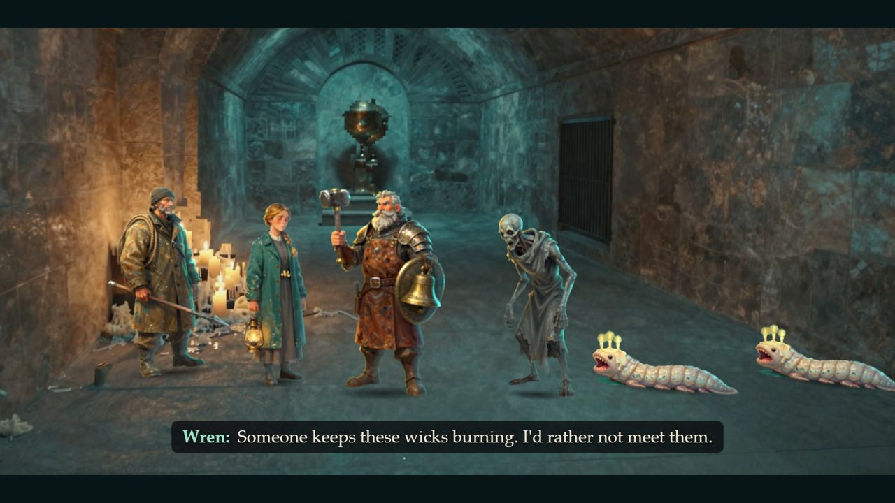 Three heroes with a lantern, a rope and a bell shield face a Rattle Sentry and two Wick Worms in a candle-lit crypt.