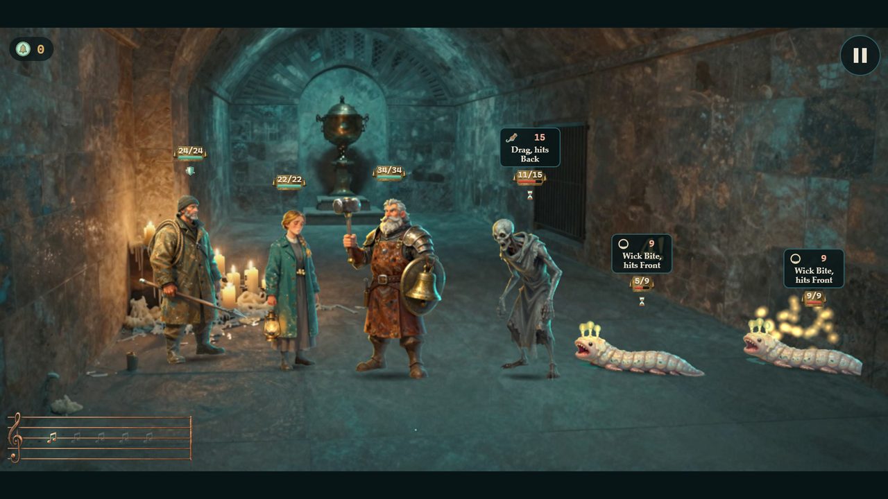 The same crypt in a fight. Health bars float over each unit and labelled intent cards show the next enemy move.