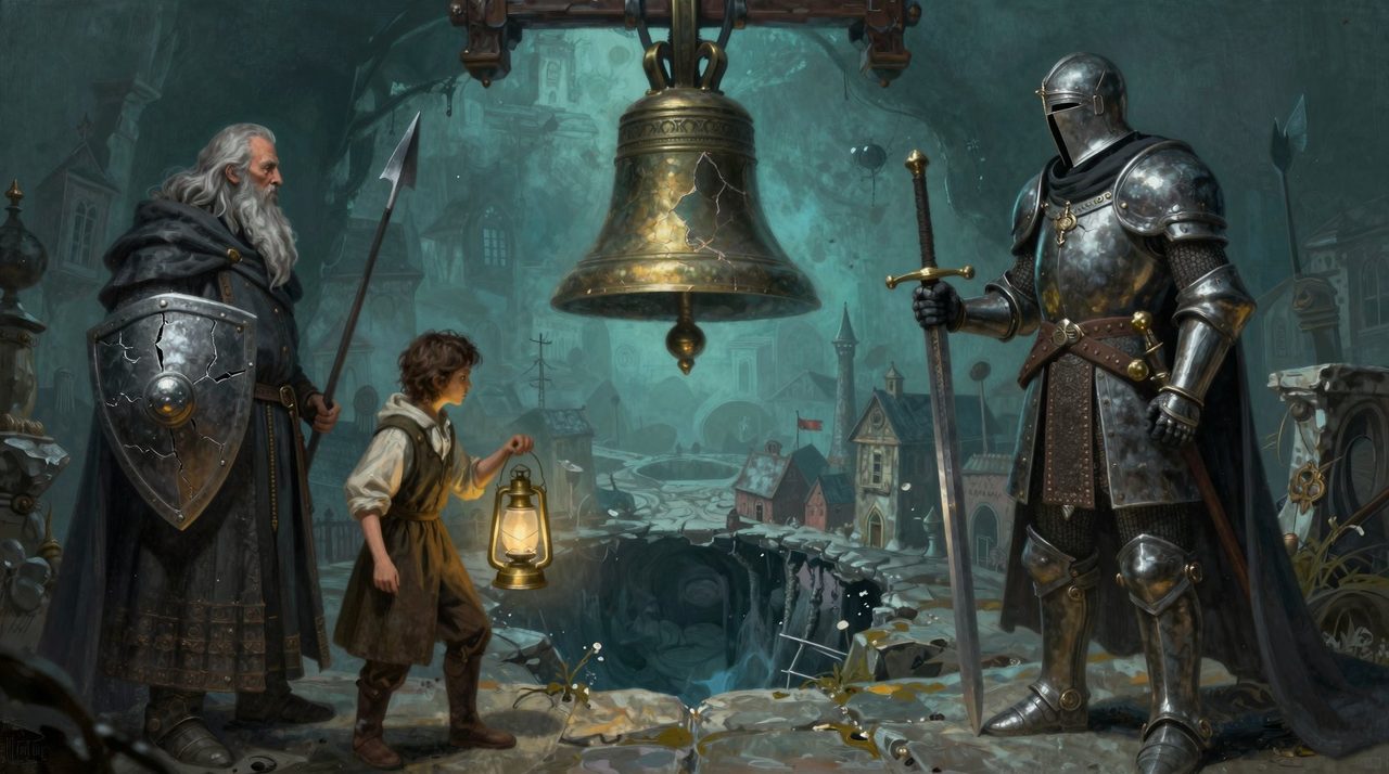 Knelldeep key art: three heroes stand on a stone ledge across a sinkhole from an armoured warden, with a cracked bronze bell hanging in the dark.