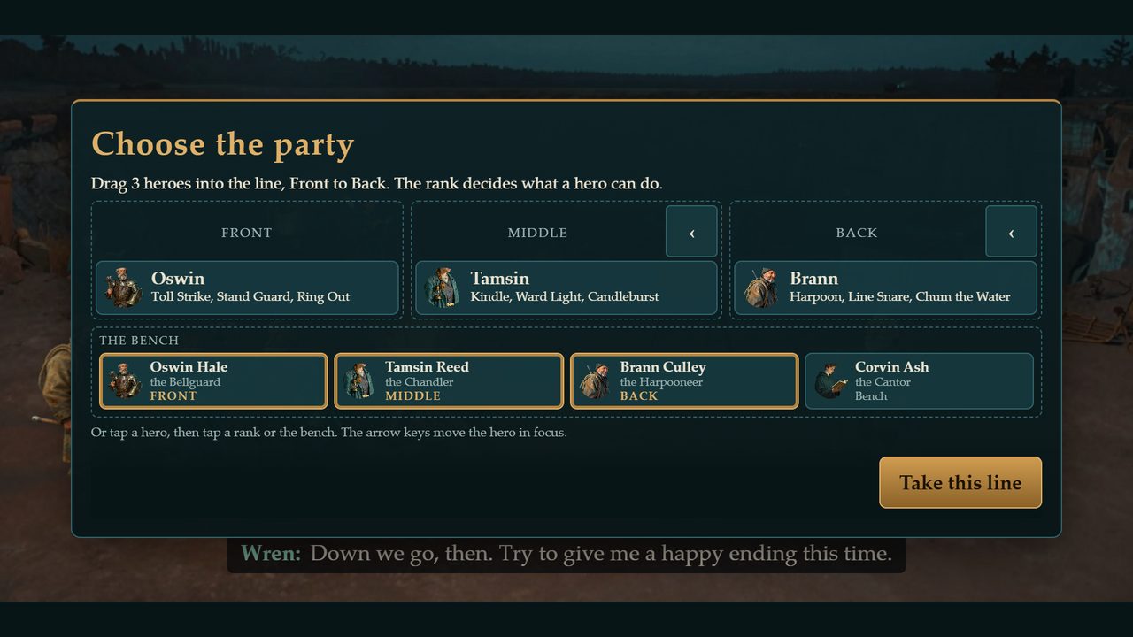 The party screen. Three heroes stand in the line, Front, Middle and Back, and a fourth waits on the bench.