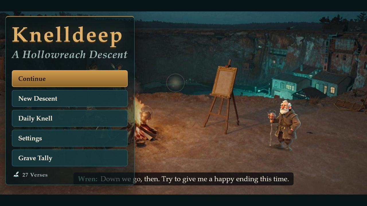 The Knelldeep title screen: a camp at the edge of the sinkhole, with a fire, an easel and a lantern-carrying balladeer.