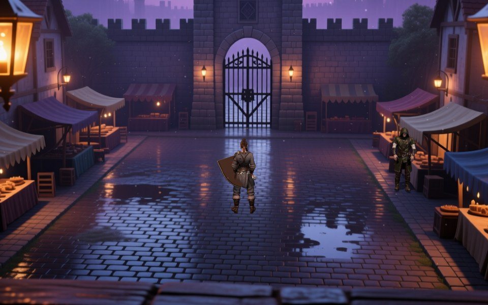 The rebuilt 3D town: a wet cobbled square at dusk with awnings, lanterns, a gatehouse and town walls, with the shieldmaiden and the merchant standing on the floor.