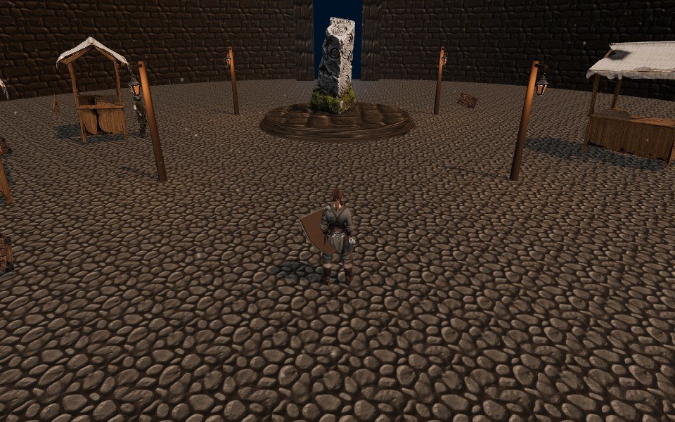 The first 3D town: a flat cobbled plane with two market stalls, lamp posts and a standing stone in front of a dark wall.
